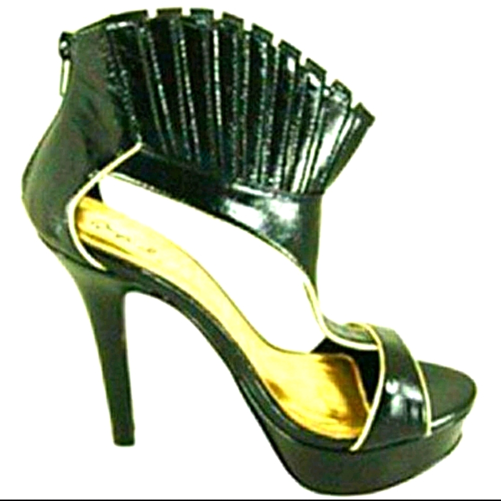 Black With Silver Trim T-Strap Crown Top Heels